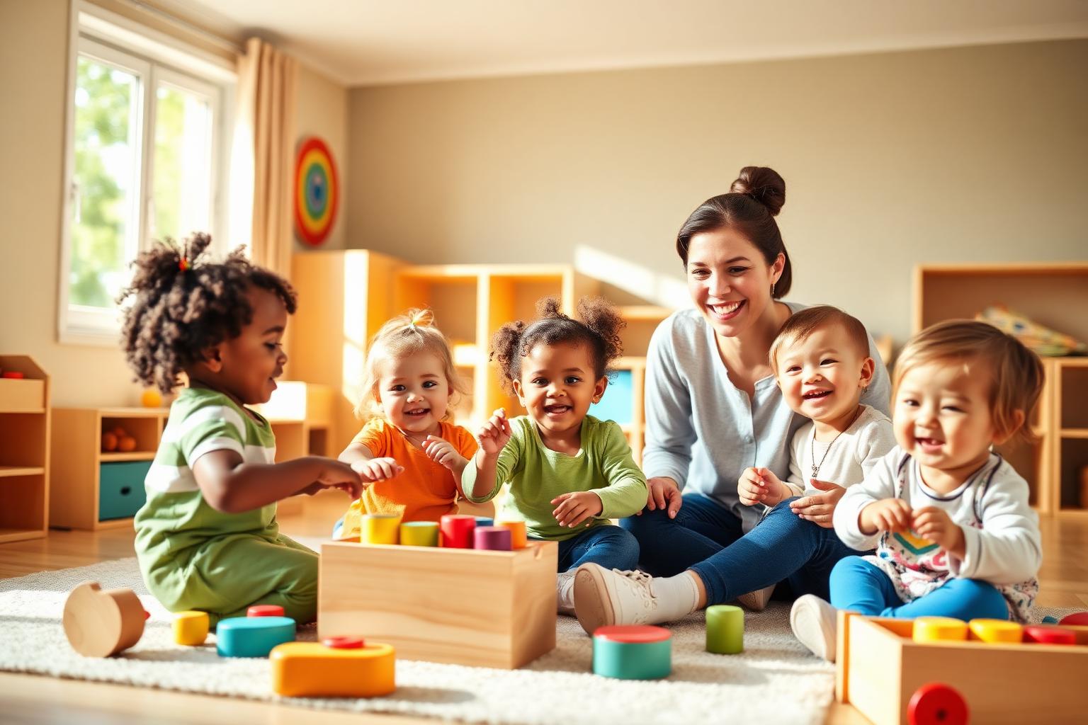 Happy toddlers playing with a caring teacher at SR Daycare
